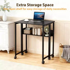 Bureau pliable petit bureau roulant avec étagère de rangement, table d'ordinateur pliable de 80 cm pour petits espaces, table de canapé peu encombrante avec roulettes