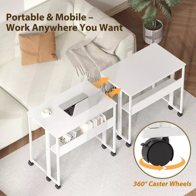 Bureau pliable petit bureau roulant avec étagère de rangement, table d'ordinateur pliable de 80 cm pour petits espaces, table de canapé peu encombrante avec roulettes