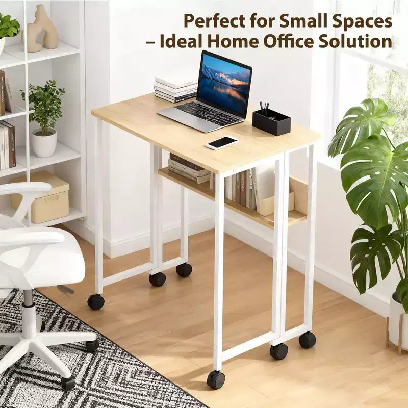 Bureau pliable petit bureau roulant avec étagère de rangement, table d'ordinateur pliable de 80 cm pour petits espaces, table de canapé peu encombrante avec roulettes
