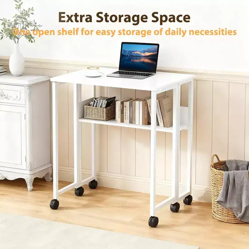 Bureau pliable petit bureau roulant avec étagère de rangement, table d'ordinateur pliable de 80 cm pour petits espaces, table de canapé peu encombrante avec roulettes