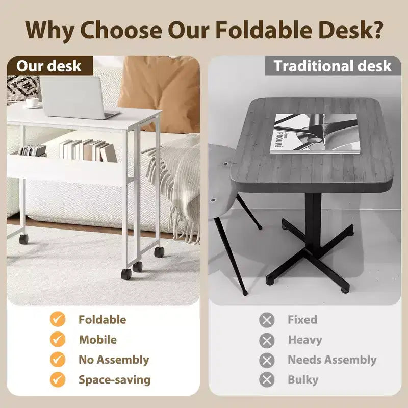 Bureau pliable petit bureau roulant avec étagère de rangement, table d'ordinateur pliable de 80 cm pour petits espaces, table de canapé peu encombrante avec roulettes