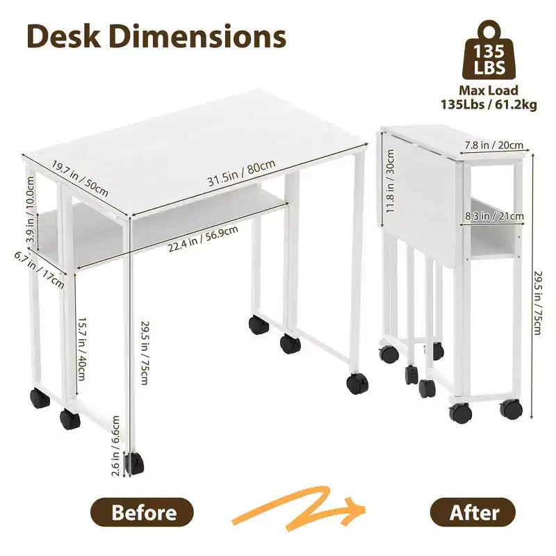 Bureau pliable petit bureau roulant avec étagère de rangement, table d'ordinateur pliable de 80 cm pour petits espaces, table de canapé peu encombrante avec roulettes