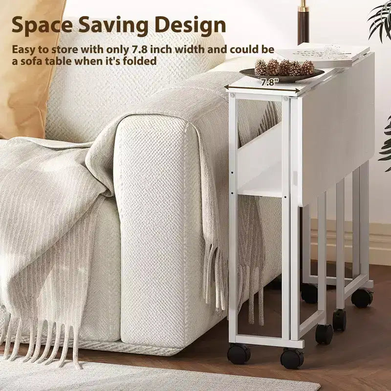 Bureau pliable petit bureau roulant avec étagère de rangement, table d'ordinateur pliable de 80 cm pour petits espaces, table de canapé peu encombrante avec roulettes