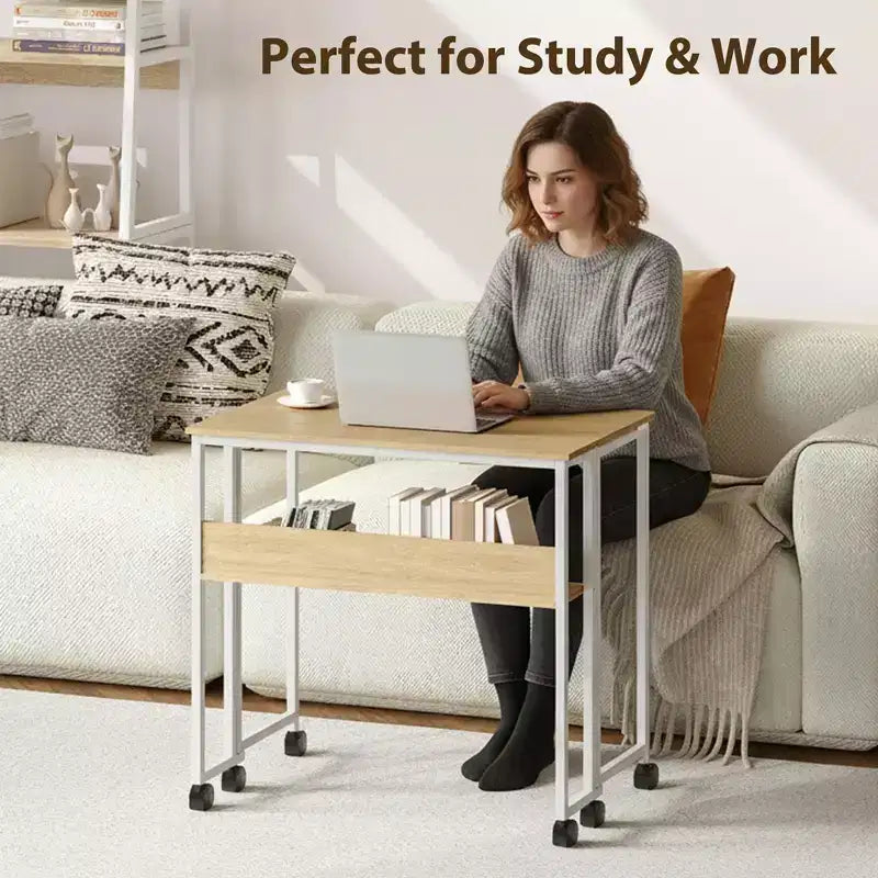 Bureau pliable petit bureau roulant avec étagère de rangement, table d'ordinateur pliable de 80 cm pour petits espaces, table de canapé peu encombrante avec roulettes