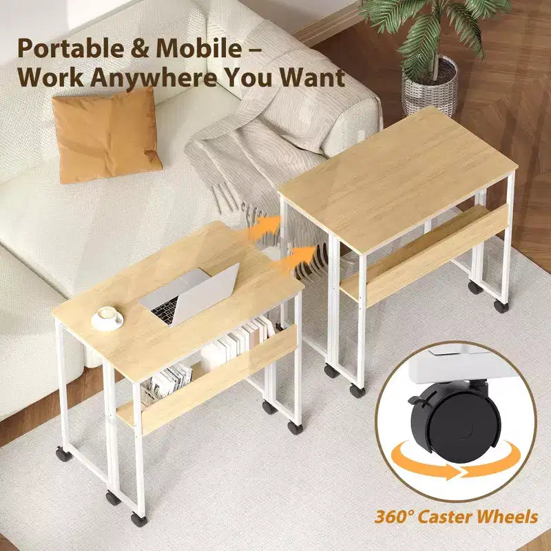 Bureau pliable petit bureau roulant avec étagère de rangement, table d'ordinateur pliable de 80 cm pour petits espaces, table de canapé peu encombrante avec roulettes