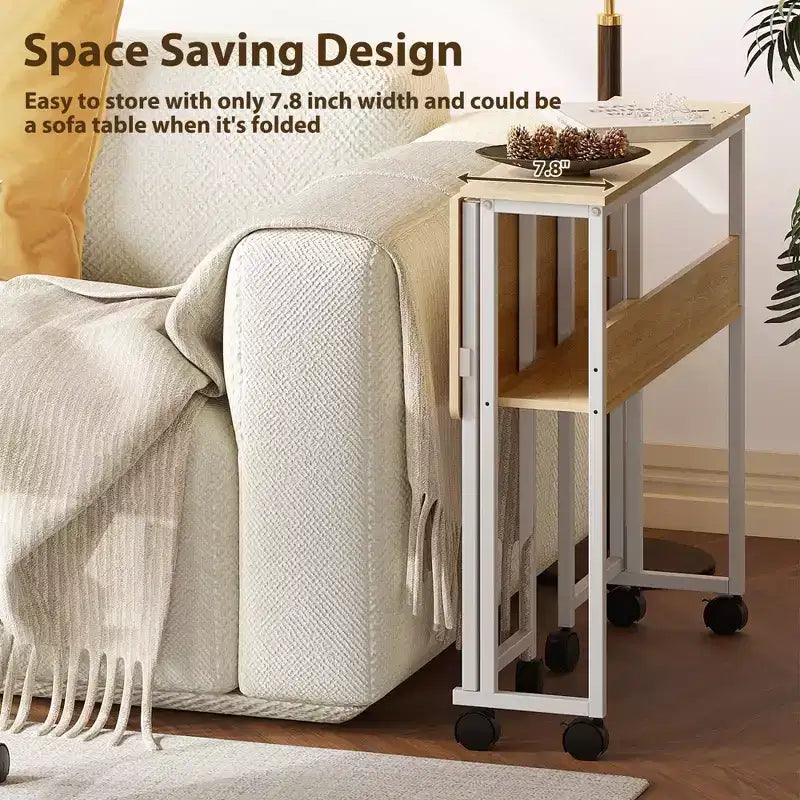 Bureau pliable petit bureau roulant avec étagère de rangement, table d'ordinateur pliable de 80 cm pour petits espaces, table de canapé peu encombrante avec roulettes