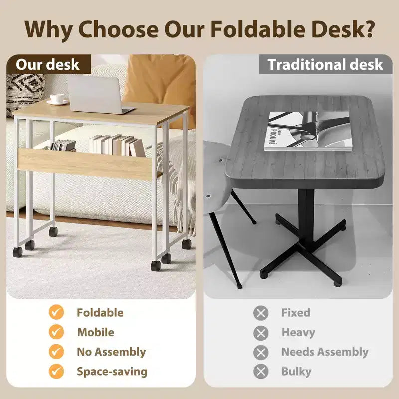 Bureau pliable petit bureau roulant avec étagère de rangement, table d'ordinateur pliable de 80 cm pour petits espaces, table de canapé peu encombrante avec roulettes
