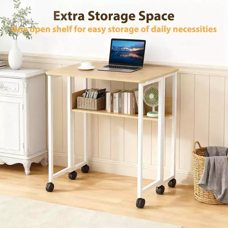 Bureau pliable petit bureau roulant avec étagère de rangement, table d'ordinateur pliable de 80 cm pour petits espaces, table de canapé peu encombrante avec roulettes