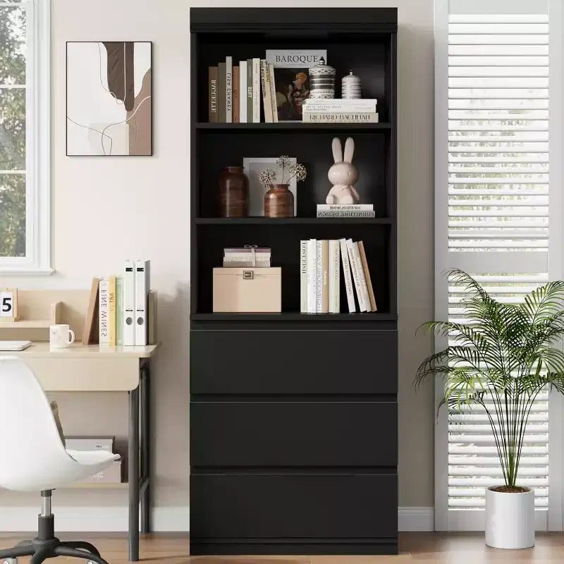 Étagère industrielle de 70 pouces avec tiroirs, bibliothèque et étagère avec 3 niveaux ouverts, grande bibliothèque de ferme pour salon, bureau