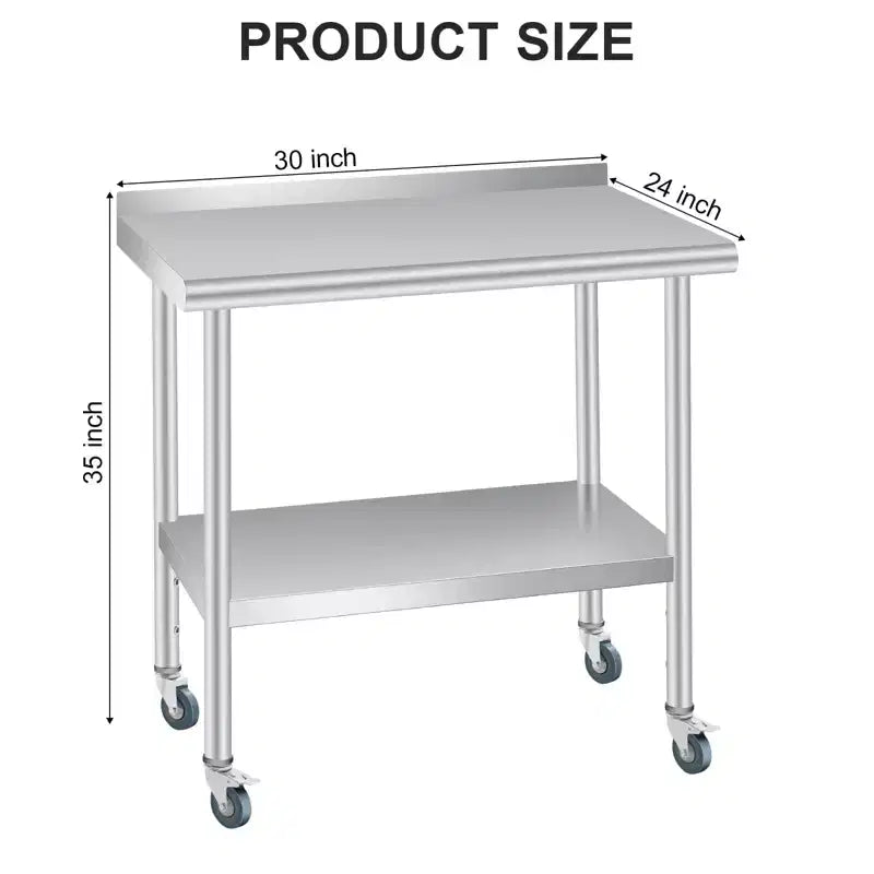 Table de préparation en acier inoxydable 36 x 24 po avec dosseret, étagère inférieure réglable et 4 roulettes, table commerciale robuste pour l'extérieur, restaurants