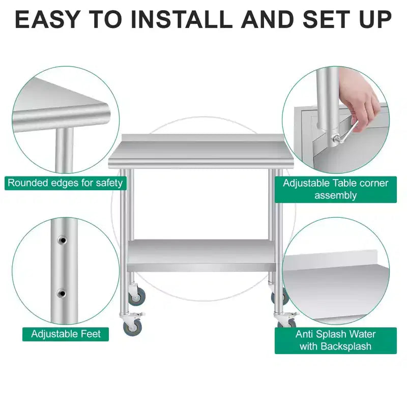 Table de préparation en acier inoxydable 36 x 24 po avec dosseret, étagère inférieure réglable et 4 roulettes, table commerciale robuste pour l'extérieur, restaurants