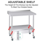 Table de préparation en acier inoxydable 36 x 24 po avec dosseret, étagère inférieure réglable et 4 roulettes, table commerciale robuste pour l'extérieur, restaurants