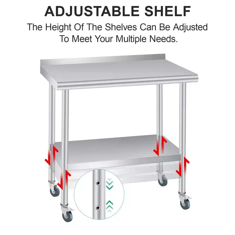 Table de préparation en acier inoxydable 36 x 24 po avec dosseret, étagère inférieure réglable et 4 roulettes, table commerciale robuste pour l'extérieur, restaurants