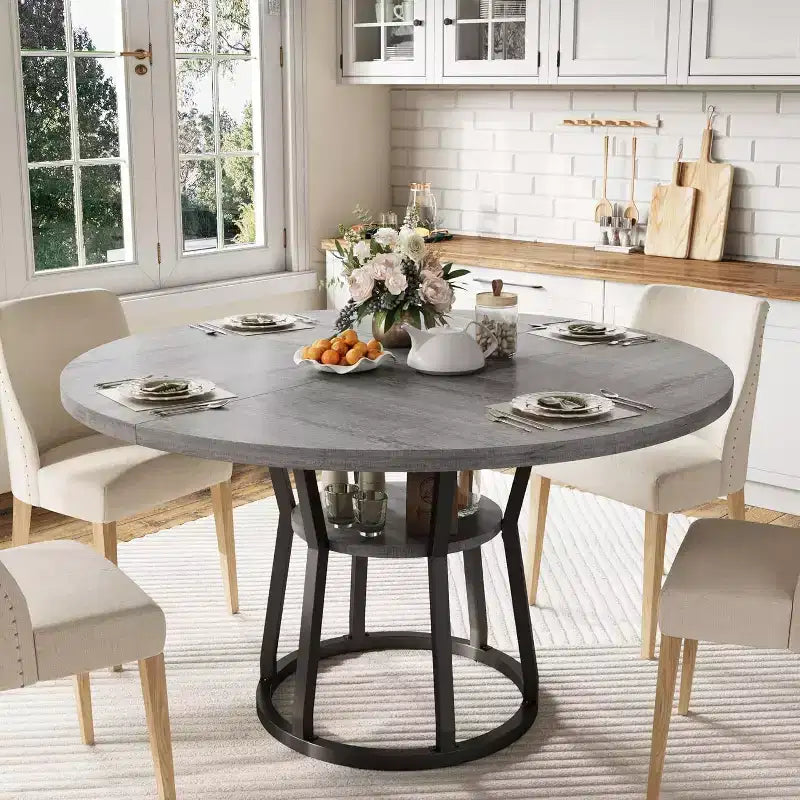 Table à manger ronde pour 4-6 personnes, table de cuisine de ferme de 107 cm avec rangement, tables à dîner circulaires pour cuisine, salle à manger, salon, appartement
