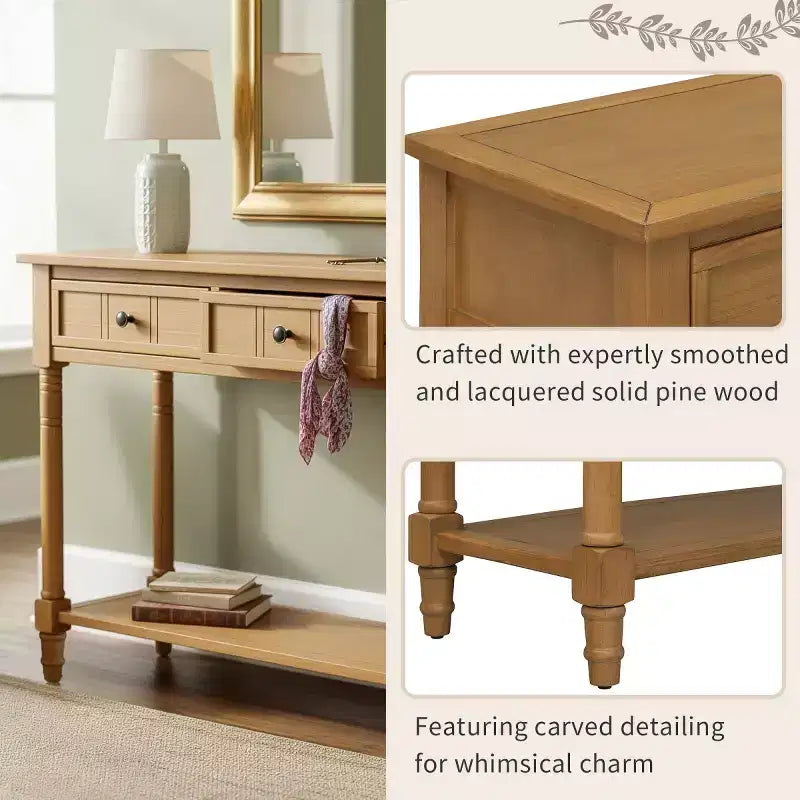 35.4 Table console traditionnelle avec tiroirs et étagère, table d'entrée vintage en pin, table de canapé compacte pour salon ou couloir-Panipeachy