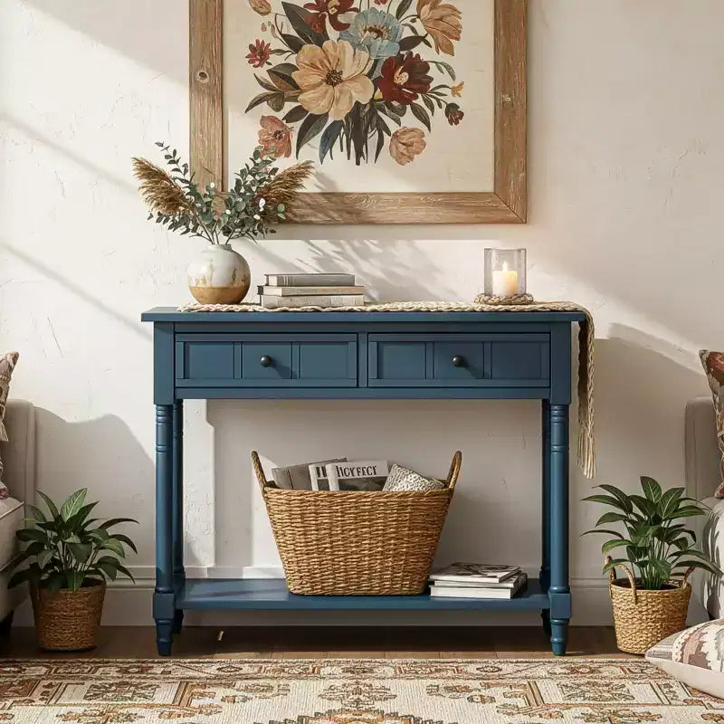 35.4 Table console traditionnelle avec tiroirs et étagère, table d'entrée vintage en pin, table de canapé compacte pour salon ou couloir-Panipeachy