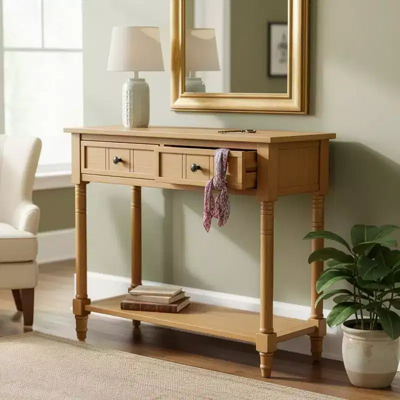 35.4 Table console traditionnelle avec tiroirs et étagère, table d'entrée vintage en pin, table de canapé compacte pour salon ou couloir-Panipeachy
