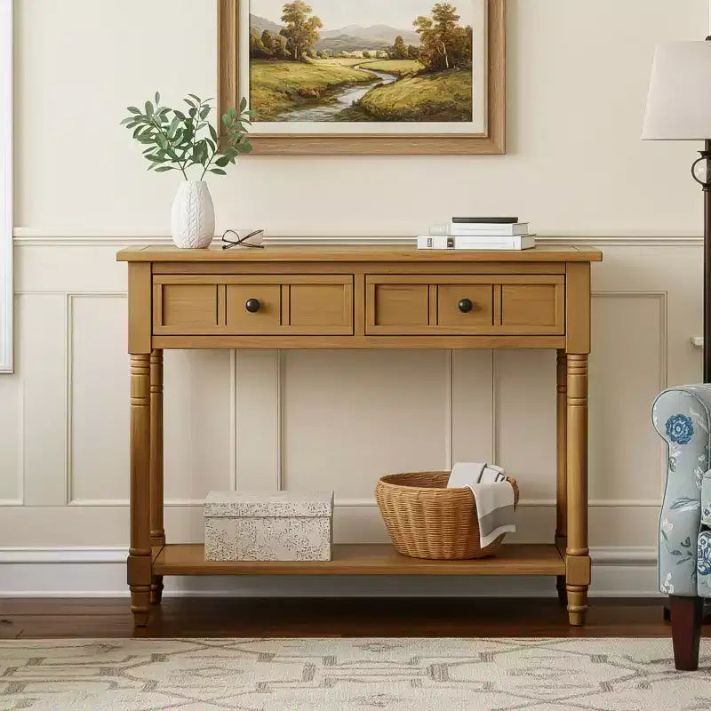 35.4 Table console traditionnelle avec tiroirs et étagère, table d'entrée vintage en pin, table de canapé compacte pour salon ou couloir-Panipeachy