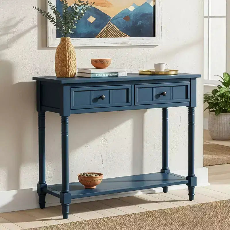 35.4 Table console traditionnelle avec tiroirs et étagère, table d'entrée vintage en pin, table de canapé compacte pour salon ou couloir-Panipeachy