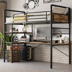 Lit mezzanine avec bureau en L, Lit mezzanine simple avec bureau intégré, Lits superposés en métal avec garde-corps haut et échelle, Montage facile