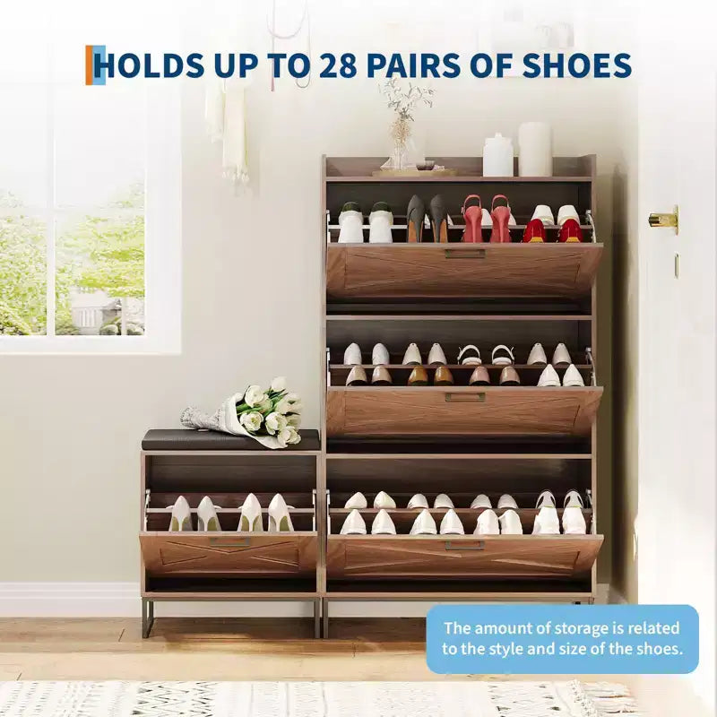 Meuble à Chaussures Caché avec 4 Tiroirs Basculants, Armoire à Chaussures en Bois avec Portes de Style Ferme Marron