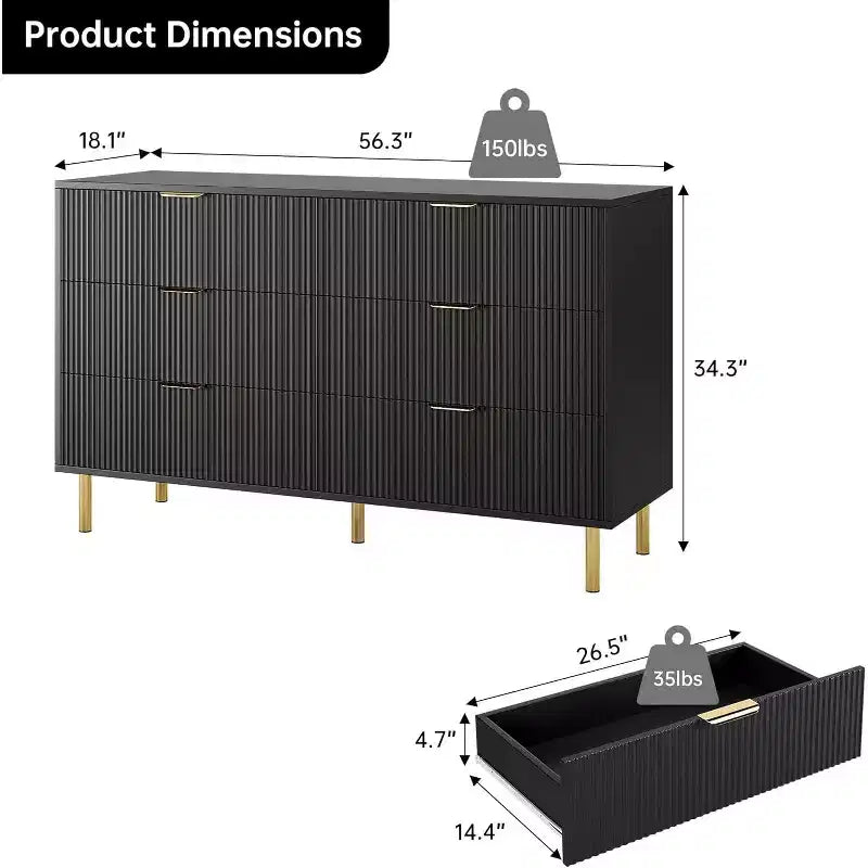 Meuble à 6 tiroirs thermoformé à arc intérieur, noir, coins arrondis, sûr et durable, rangement de vêtements pour chambre à coucher