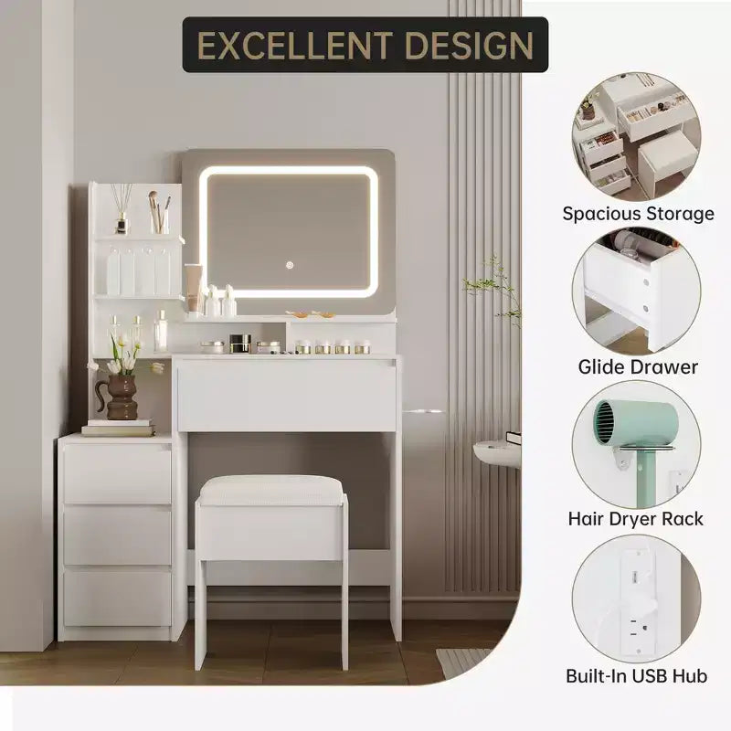 Coiffeuse avec miroir et LED, prise de courant, lumière réglable 3 couleurs, 4 tiroirs, étagères de rangement et tabouret pour chambre à coucher