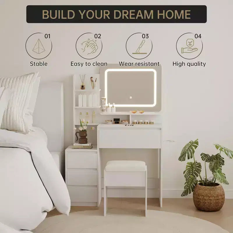Coiffeuse avec miroir et LED, prise de courant, lumière réglable 3 couleurs, 4 tiroirs, étagères de rangement et tabouret pour chambre à coucher
