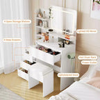 Coiffeuse avec miroir et LED, prise de courant, lumière réglable 3 couleurs, 4 tiroirs, étagères de rangement et tabouret pour chambre à coucher
