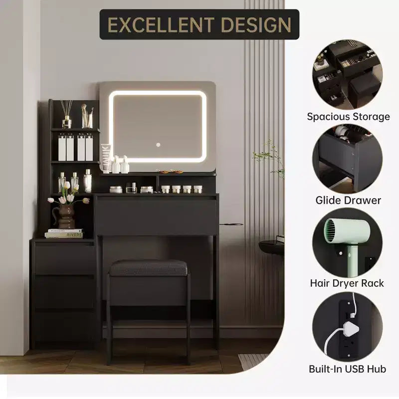 Coiffeuse avec miroir et LED, prise de courant, lumière réglable 3 couleurs, 4 tiroirs, étagères de rangement et tabouret pour chambre à coucher