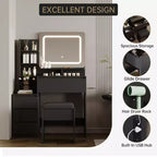 Coiffeuse avec miroir et LED, prise de courant, lumière réglable 3 couleurs, 4 tiroirs, étagères de rangement et tabouret pour chambre à coucher