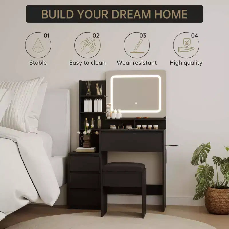 Coiffeuse avec miroir et LED, prise de courant, lumière réglable 3 couleurs, 4 tiroirs, étagères de rangement et tabouret pour chambre à coucher