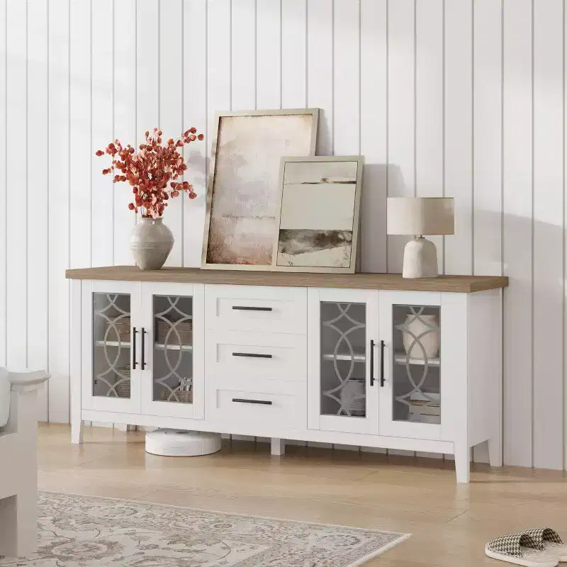 Meuble TV de ferme avec porte vitrée pour téléviseur de 70 pouces, meuble de divertissement moderne du milieu du siècle