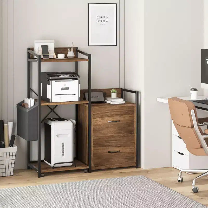 Meuble de classement, classeur compatible avec les dossiers de taille lettre/A4, 2 tiroirs pour bureau à domicile avec multiprise, lumières LED, étagère ouverte