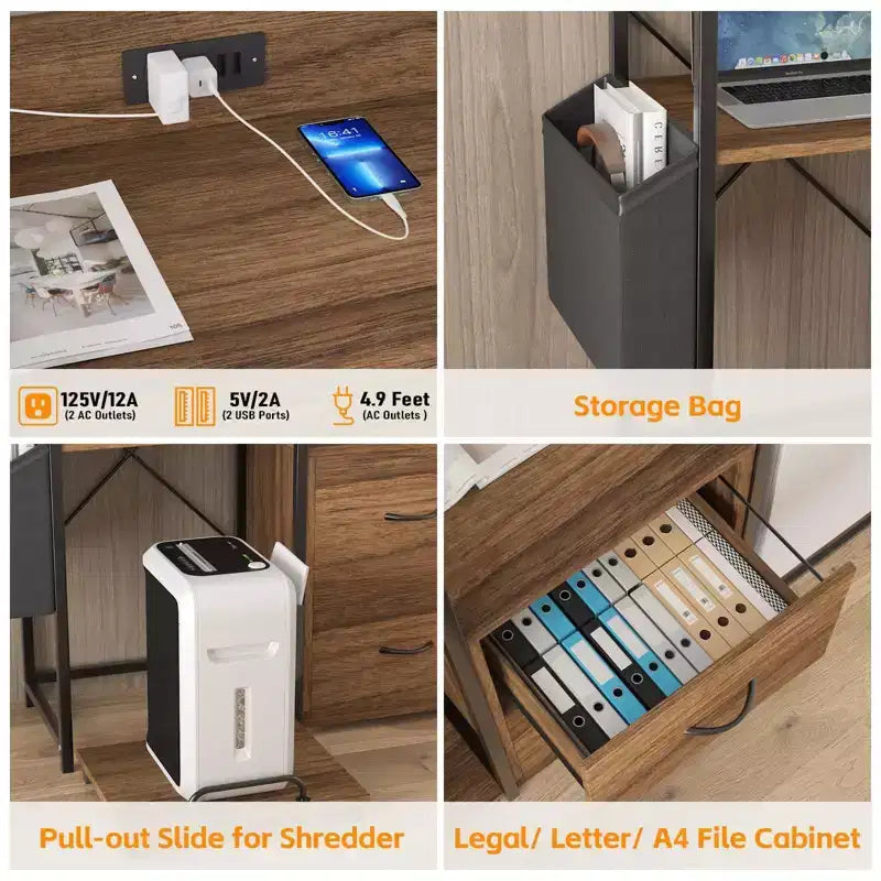 Meuble de classement, classeur compatible avec les dossiers de taille lettre/A4, 2 tiroirs pour bureau à domicile avec multiprise, lumières LED, étagère ouverte