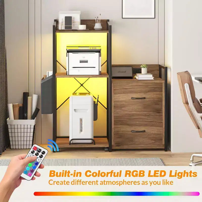 Meuble de classement, classeur compatible avec les dossiers de taille lettre/A4, 2 tiroirs pour bureau à domicile avec multiprise, lumières LED, étagère ouverte