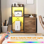 Meuble de classement, classeur compatible avec les dossiers de taille lettre/A4, 2 tiroirs pour bureau à domicile avec multiprise, lumières LED, étagère ouverte