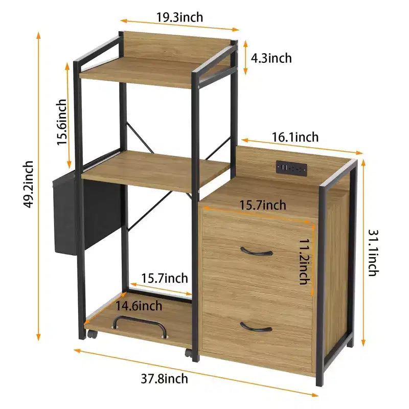 Meuble de classement, classeur compatible avec les dossiers de taille lettre/A4, 2 tiroirs pour bureau à domicile avec multiprise, lumières LED, étagère ouverte