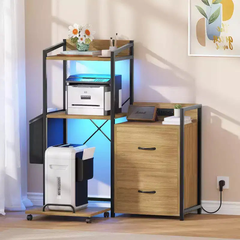 Meuble de classement, classeur compatible avec les dossiers de taille lettre/A4, 2 tiroirs pour bureau à domicile avec multiprise, lumières LED, étagère ouverte