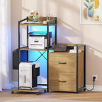 Meuble de classement, classeur compatible avec les dossiers de taille lettre/A4, 2 tiroirs pour bureau à domicile avec multiprise, lumières LED, étagère ouverte