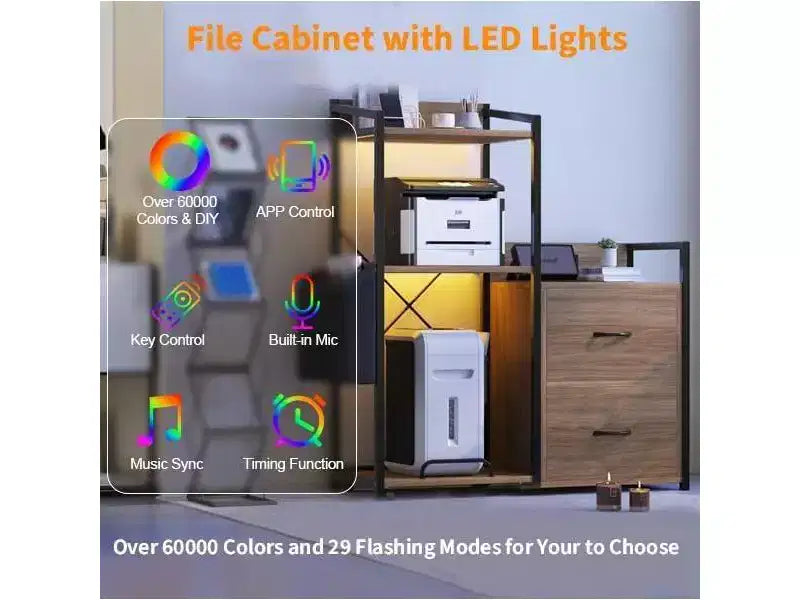 Meuble de classement, classeur compatible avec les dossiers de taille lettre/A4, 2 tiroirs pour bureau à domicile avec multiprise, lumières LED, étagère ouverte