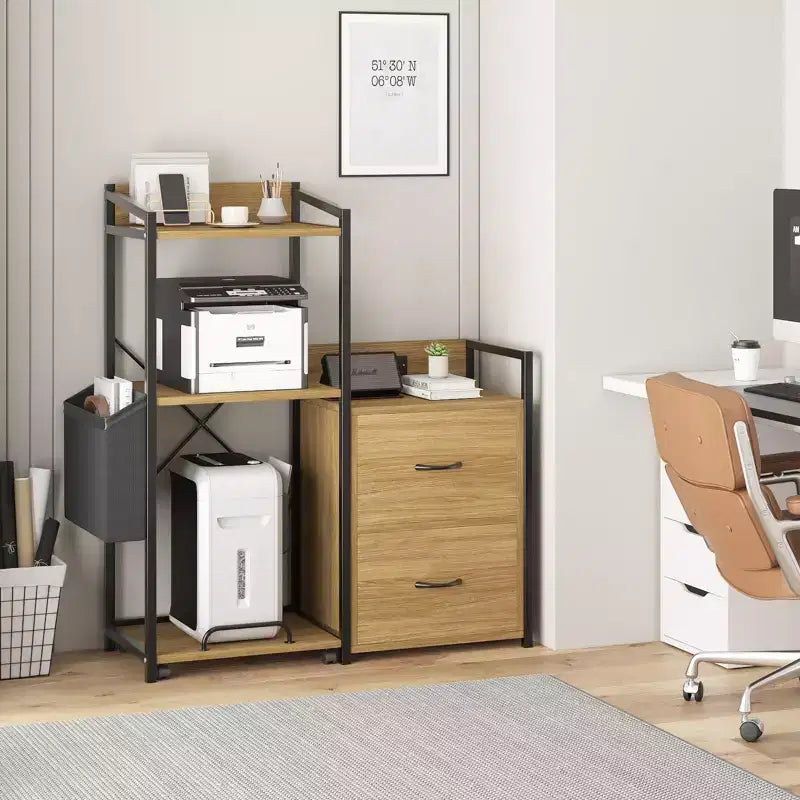 Meuble de classement, classeur compatible avec les dossiers de taille lettre/A4, 2 tiroirs pour bureau à domicile avec multiprise, lumières LED, étagère ouverte