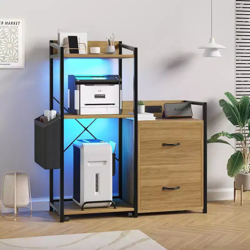 Meuble de classement, classeur compatible avec les dossiers de taille lettre/A4, 2 tiroirs pour bureau à domicile avec multiprise, lumières LED, étagère ouverte