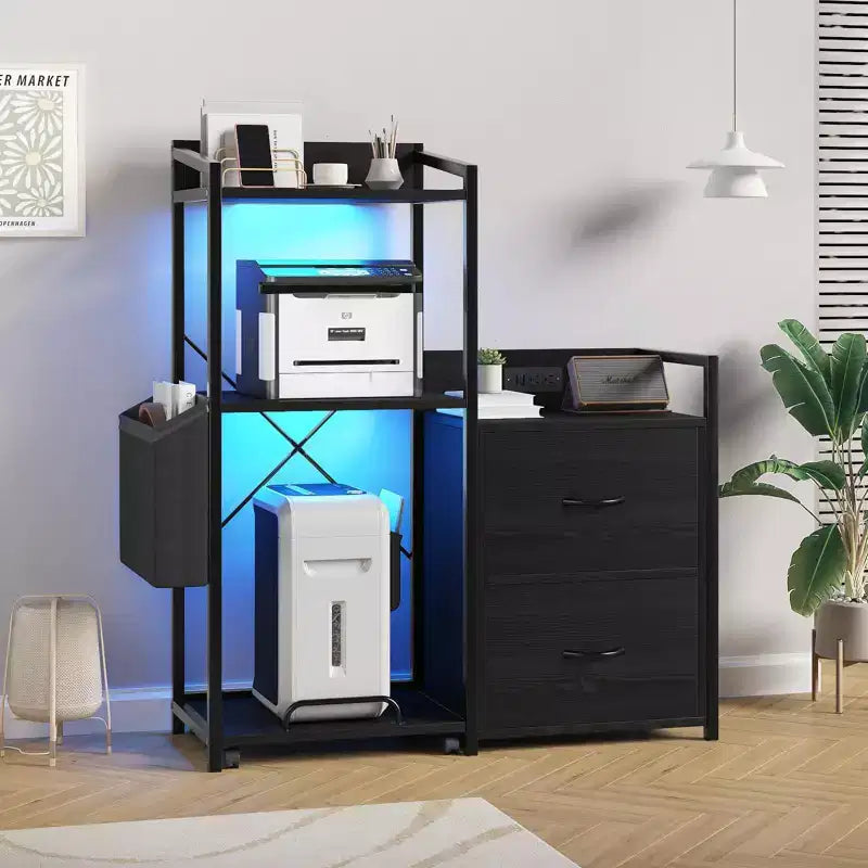 Meuble de classement, classeur compatible avec les dossiers de taille lettre/A4, 2 tiroirs pour bureau à domicile avec multiprise, lumières LED, étagère ouverte