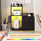 Meuble de classement, classeur compatible avec les dossiers de taille lettre/A4, 2 tiroirs pour bureau à domicile avec multiprise, lumières LED, étagère ouverte