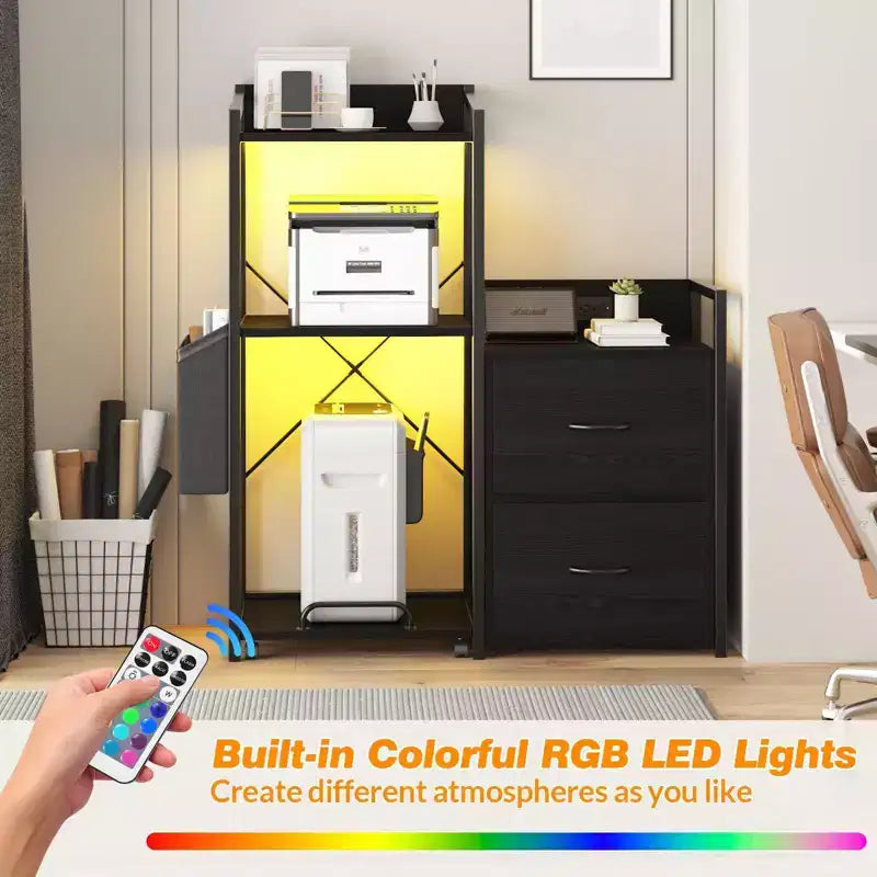 Meuble de classement, classeur compatible avec les dossiers de taille lettre/A4, 2 tiroirs pour bureau à domicile avec multiprise, lumières LED, étagère ouverte
