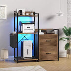 Meuble de classement, classeur compatible avec les dossiers de taille lettre/A4, 2 tiroirs pour bureau à domicile avec multiprise, lumières LED, étagère ouverte