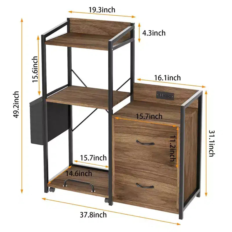 Meuble de classement, classeur compatible avec les dossiers de taille lettre/A4, 2 tiroirs pour bureau à domicile avec multiprise, lumières LED, étagère ouverte