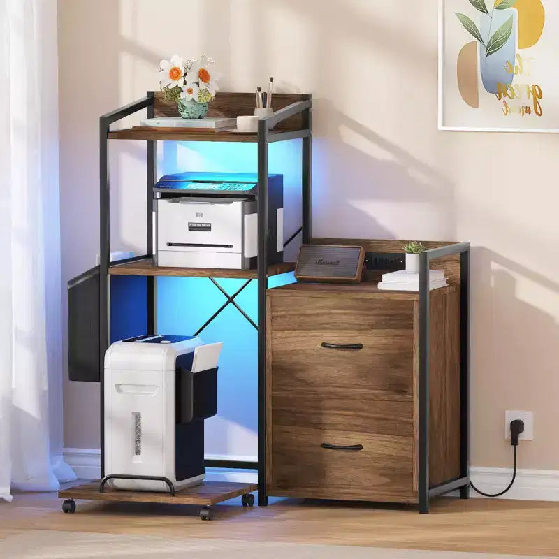 Meuble de classement, classeur compatible avec les dossiers de taille lettre/A4, 2 tiroirs pour bureau à domicile avec multiprise, lumières LED, étagère ouverte