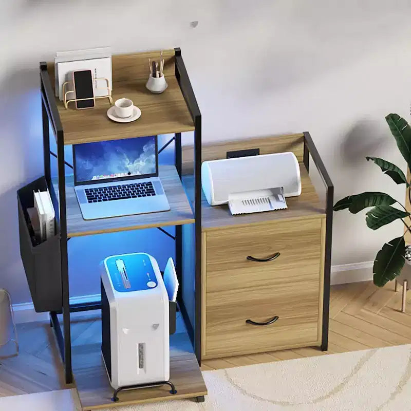 Meuble de classement, classeur compatible avec les dossiers de taille lettre/A4, 2 tiroirs pour bureau à domicile avec multiprise, lumières LED, étagère ouverte